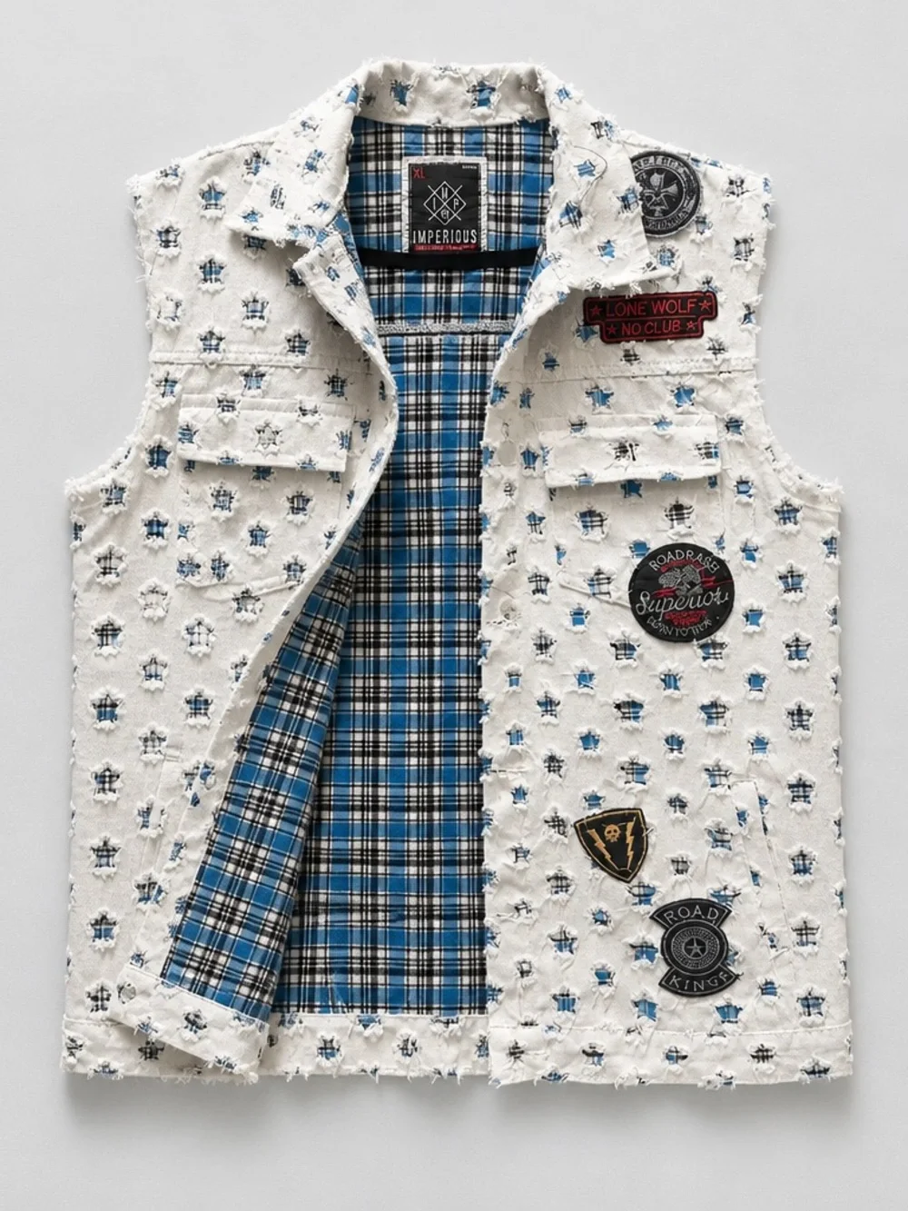 Imperious Biker, Motorcycle White Star-Print Patchwork Denim Vest